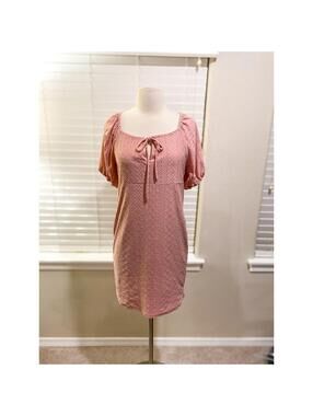 Vibe Sportswear Eyelet Dress Women XL Pink Puff Sleeve Tie Neck Mini